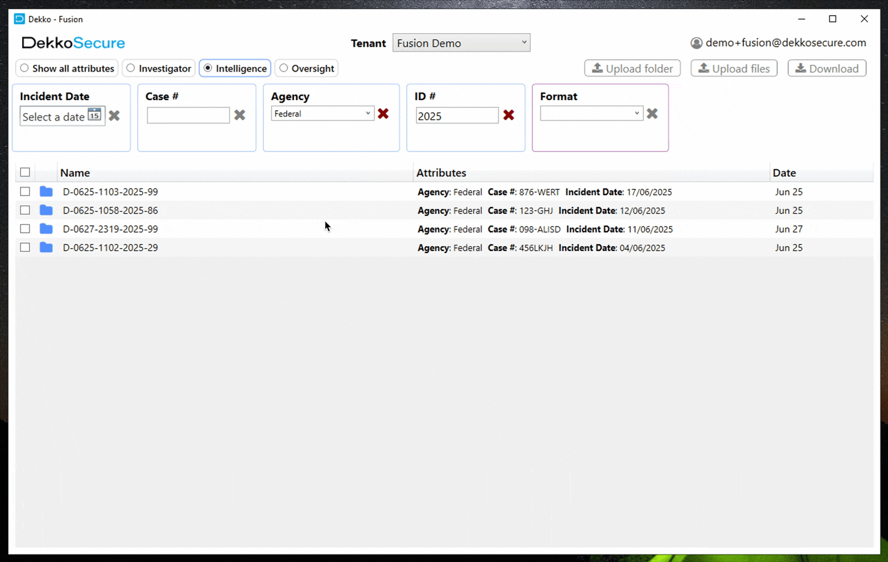 DekkoDrive window showing the Fusion Demo tenant with the Intelligence view selected, filters for Agency and ID #, and a list of matching cases.