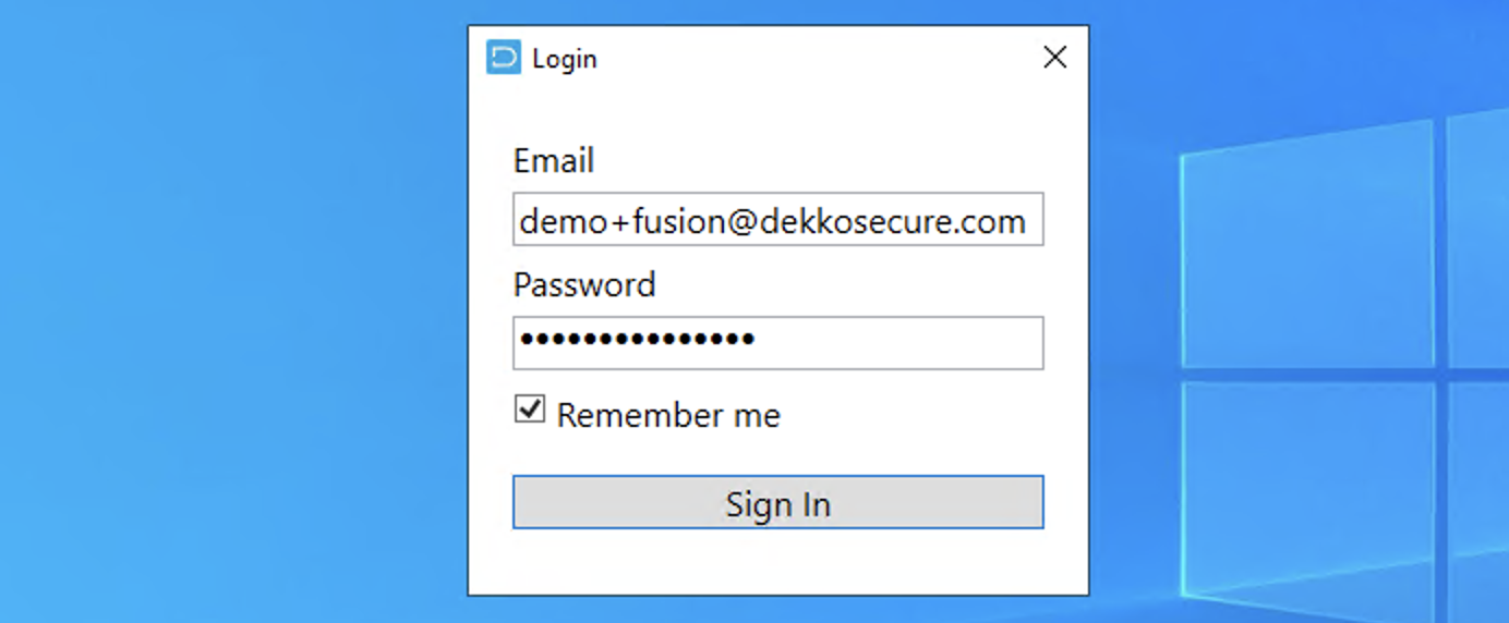 Login dialog for DekkoDrive with Email and Password fields, a checked "Remember me" box, and a Sign In button.