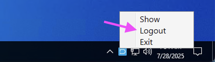 Windows taskbar tray menu for DekkoDrive, with a pink arrow pointing to the Logout option between Show and Exit.
