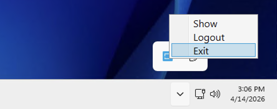 Taskbar tray menu for DekkoDrive showing Show, Logout and Exit options, with Exit highlighted.