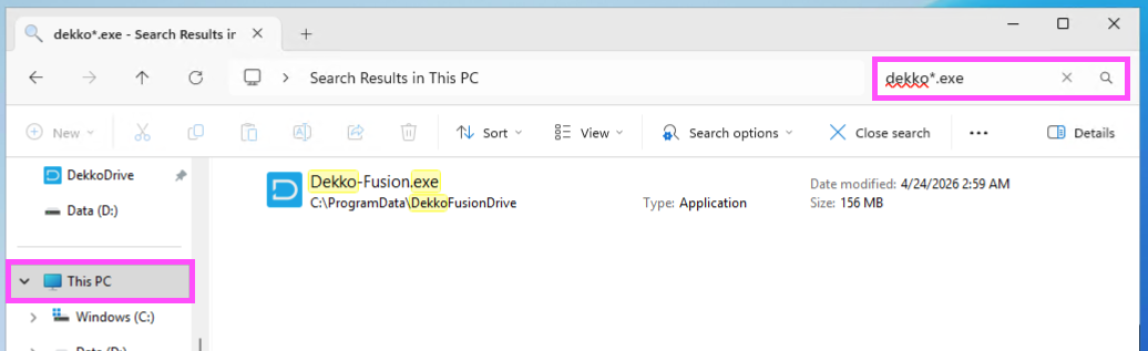 Windows File Explorer search results for "dekko*.exe" under This PC, showing Dekko-Fusion.exe in C:\\ProgramData\\DekkoFusionDrive.