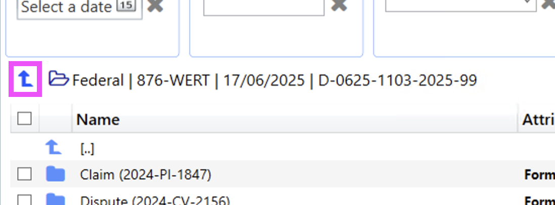 Up-arrow button highlighted in pink in DekkoDrive, next to the breadcrumb path "Federal | 876-WERT | 17/06/2025", used to go up one folder level.