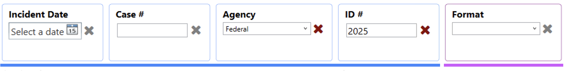 Filter row showing Incident Date (empty), Case # (empty), Agency set to Federal, ID # set to 2025, and an empty Format dropdown; blue boxes are case filters, pink is content.
