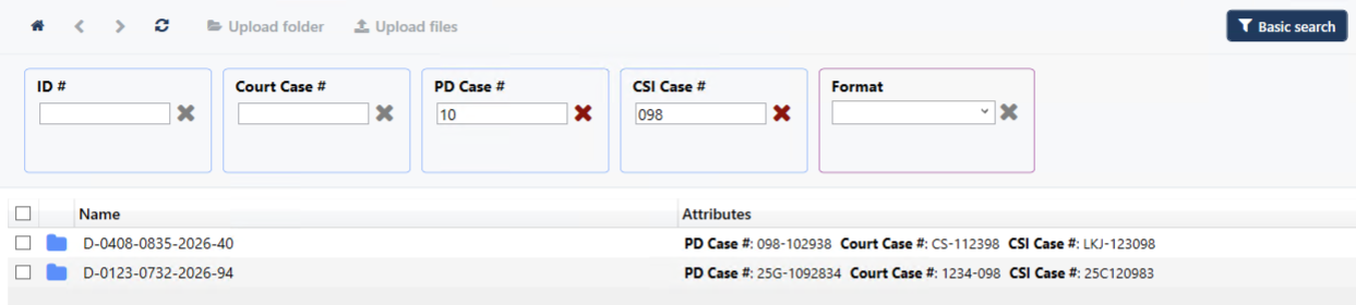 Filter panel with ID#, Court Case#, PD Case# (10) and CSI Case# (098) entered, plus a Format dropdown; two matching case folders are listed.