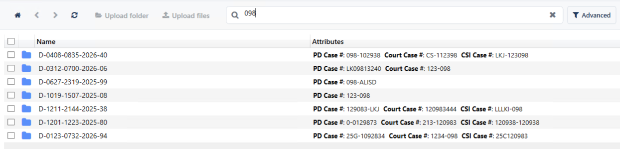 Basic search for "098" in DekkoDrive, returning seven case folders whose Attributes show PD, Court and CSI case numbers containing that term.