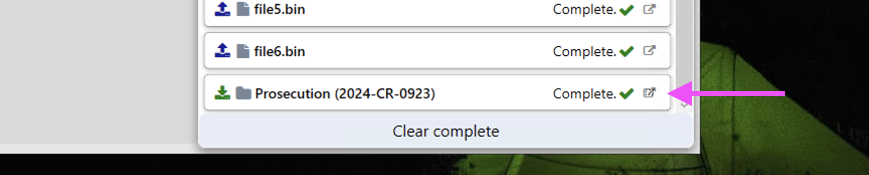 Download progress manager listing file5.bin, file6.bin and a completed "Prosecution (2024-CR-0923)" folder download, with the open-location button arrowed.
