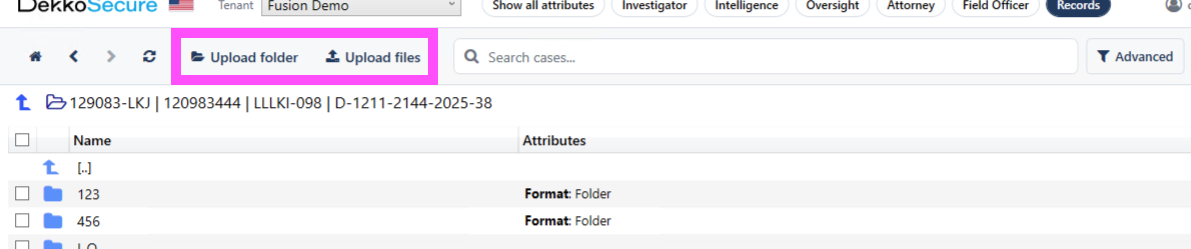 Toolbar in the DekkoSecure case browser showing the highlighted Upload folder and Upload files buttons above a case folder list.