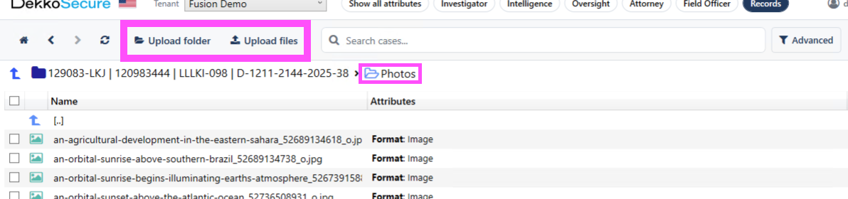 Records view in DekkoSecure showing the Upload folder and Upload files buttons highlighted, with the Photos sub-folder open in the breadcrumb.