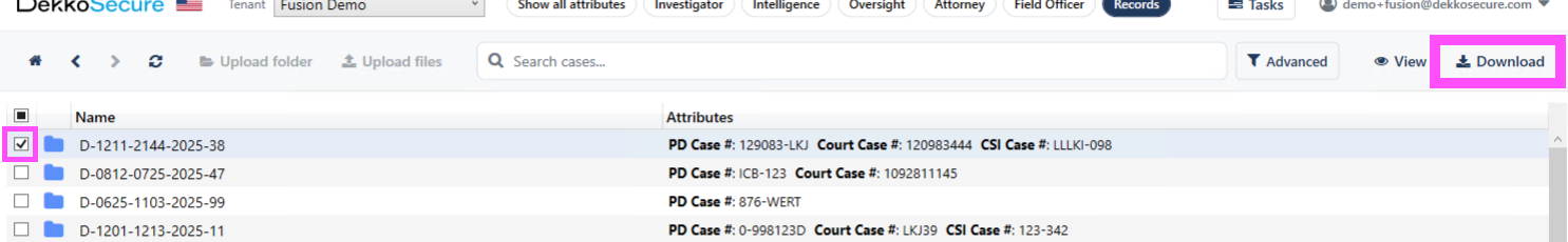 Records view showing a case checkbox selected in the list and the highlighted Download button in the top toolbar.