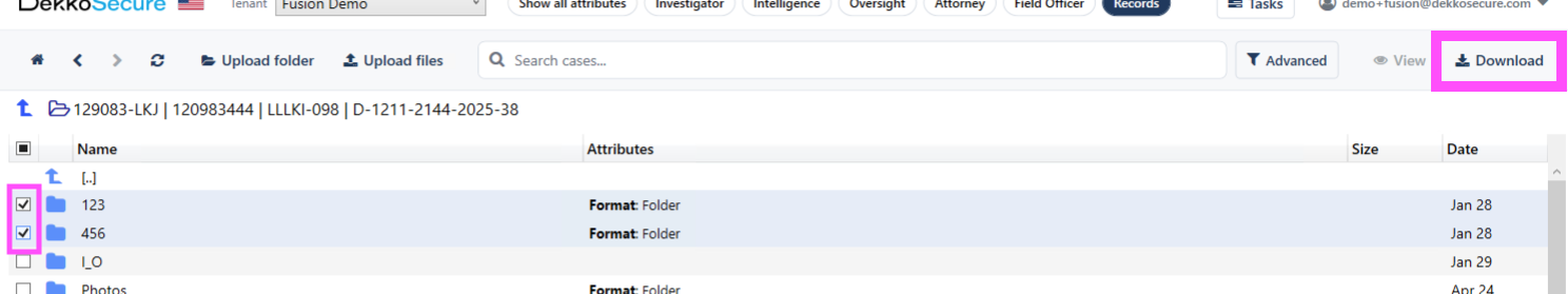 Case folder view in DekkoSecure with folders 123 and 456 ticked and highlighted, and the Download button outlined in pink at top right.