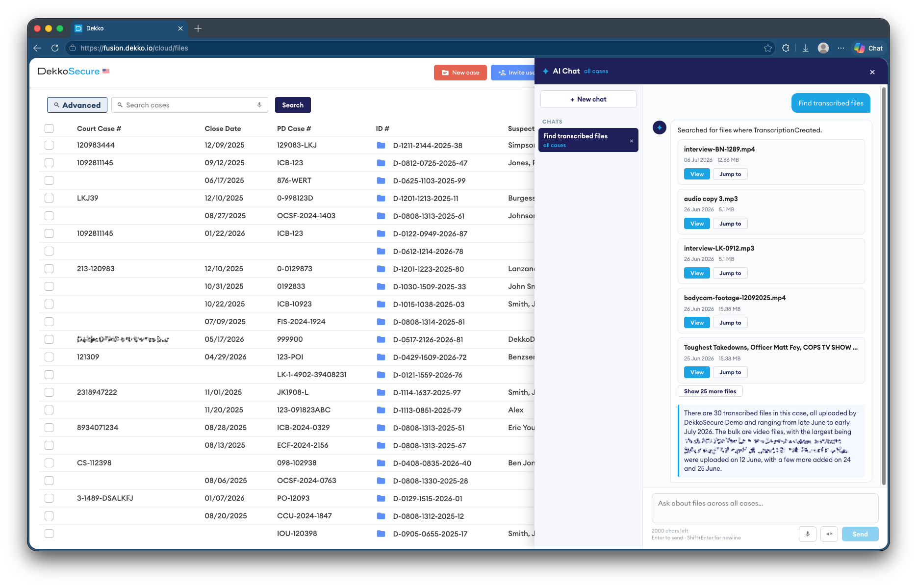 AI Chat panel in DekkoSecure listing transcribed files from a "Find transcribed files" query, with View and Jump to buttons.