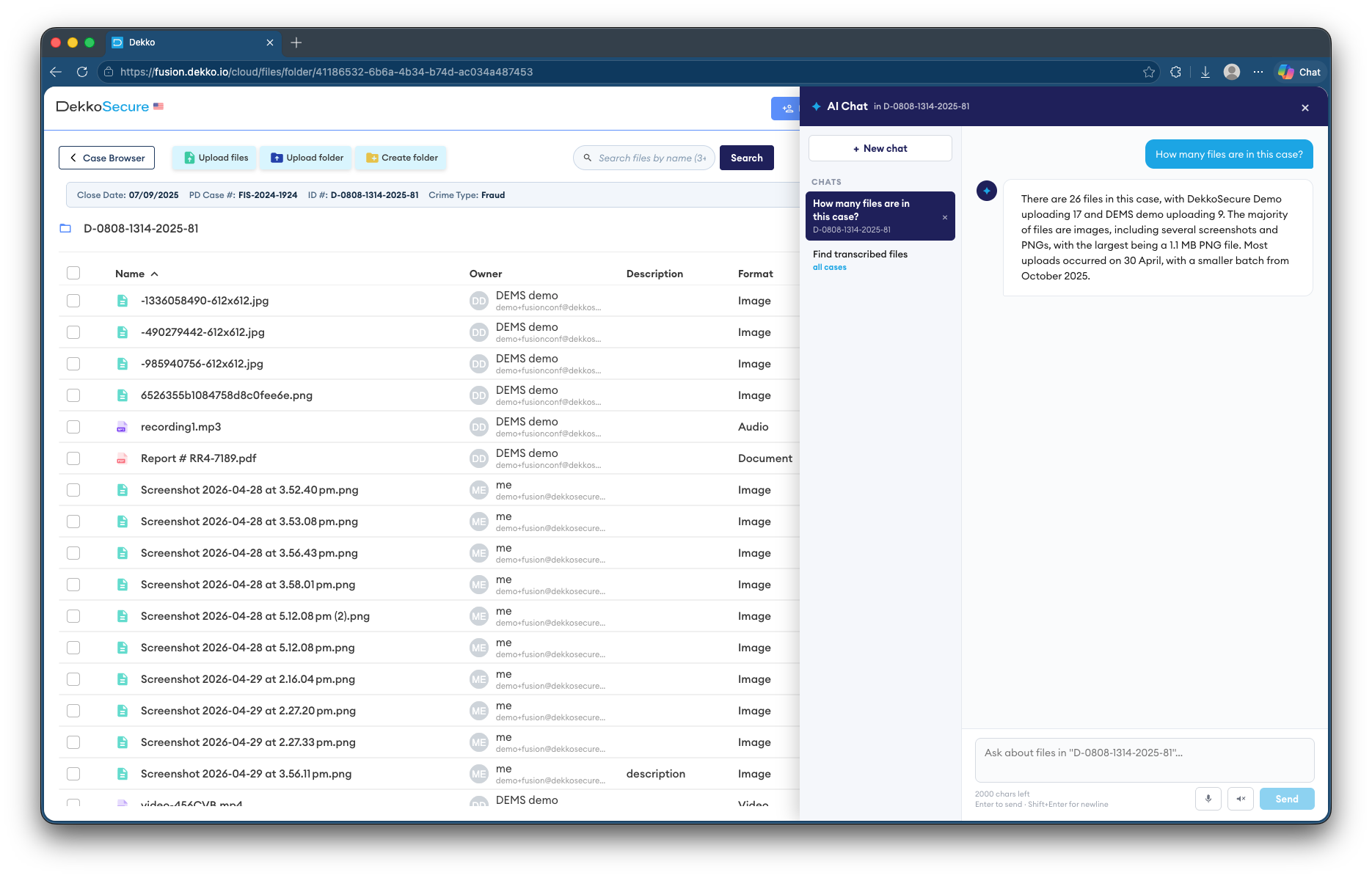 AI Chat panel open in the DekkoSecure case D-0808-1314-2025-81, answering "How many files are in this case?" with 26 files.