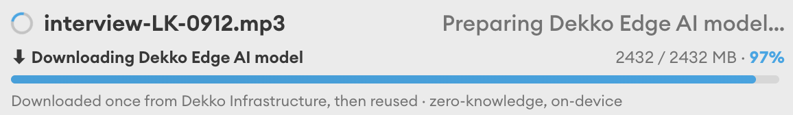 Progress bar showing the Dekko Edge AI model downloading at 97% (2432 of 2432 MB) while interview-LK-0912.mp3 is prepared.