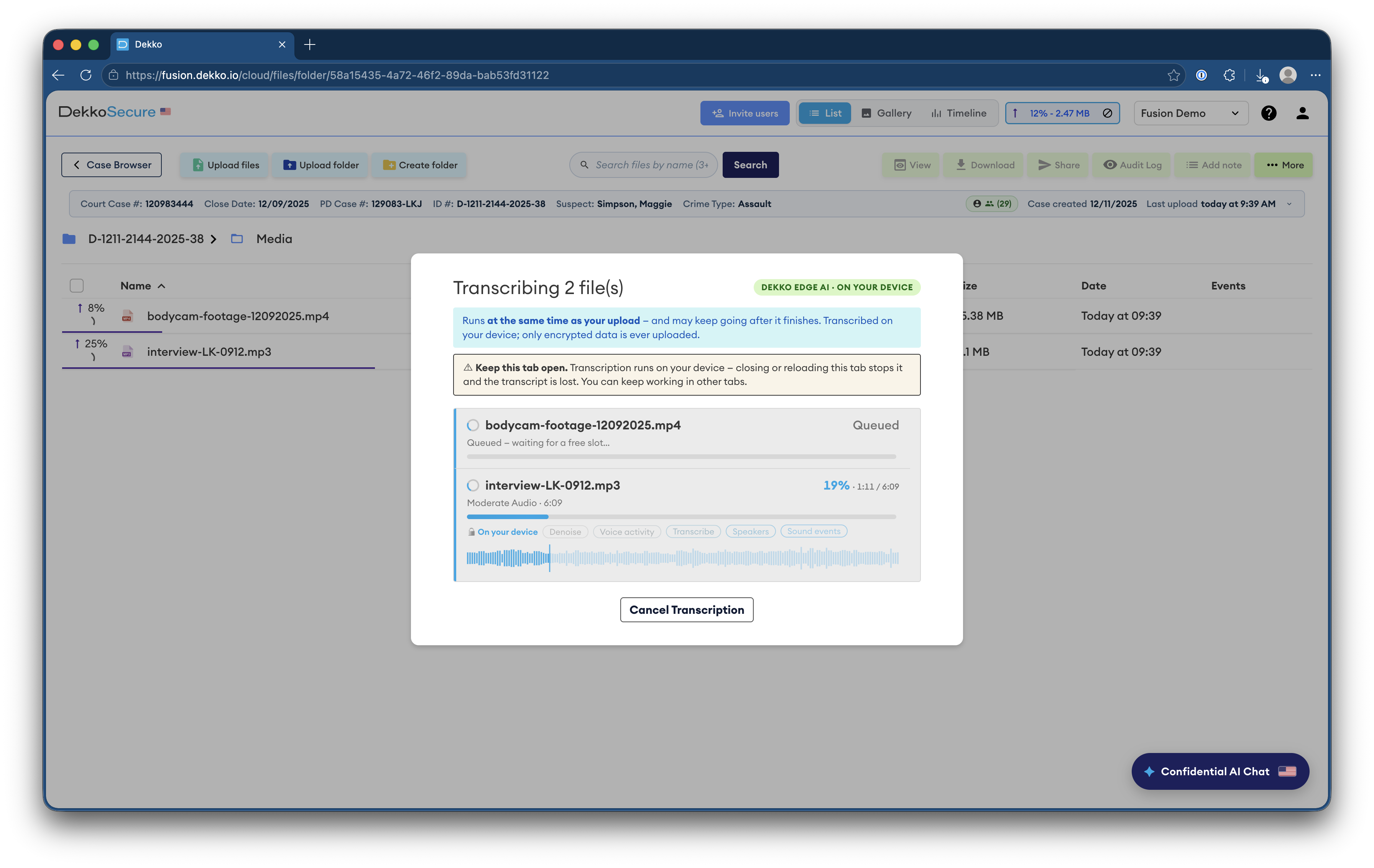 Dialog showing "Transcribing 2 file(s)" in DekkoSecure, with bodycam-footage-12092025.mp4 queued and interview-LK-0912.mp3 at 19%.