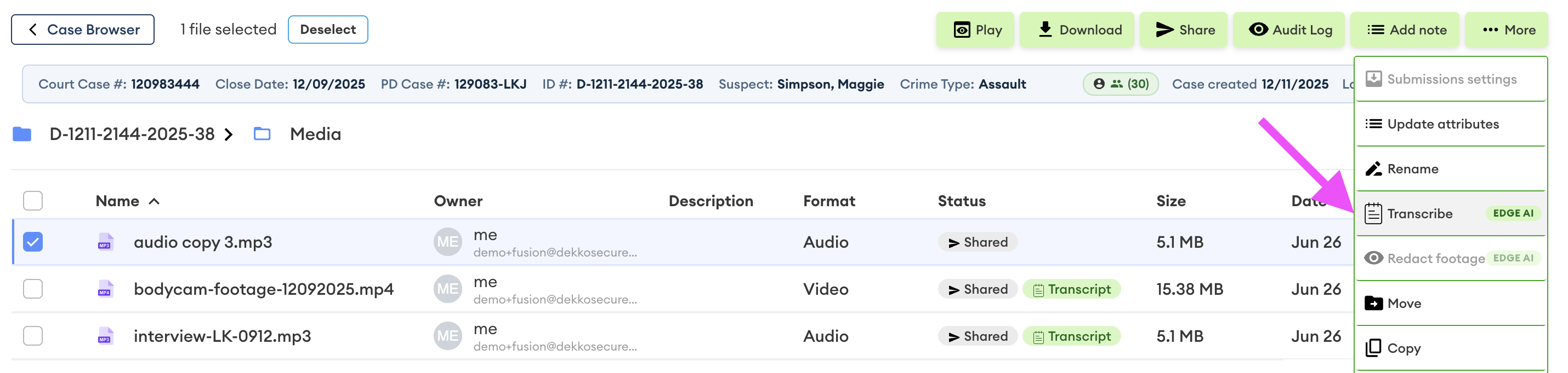DekkoSecure file list with "audio copy 3.mp3" selected and the More menu open, with a pink arrow pointing to the Transcribe option (marked Edge AI).