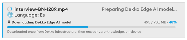 Progress bar showing the Dekko Edge AI model downloading at 48% (495 of 981 MB) for interview-BN-1289.mp4, with status "Preparing Dekko Edge AI model...