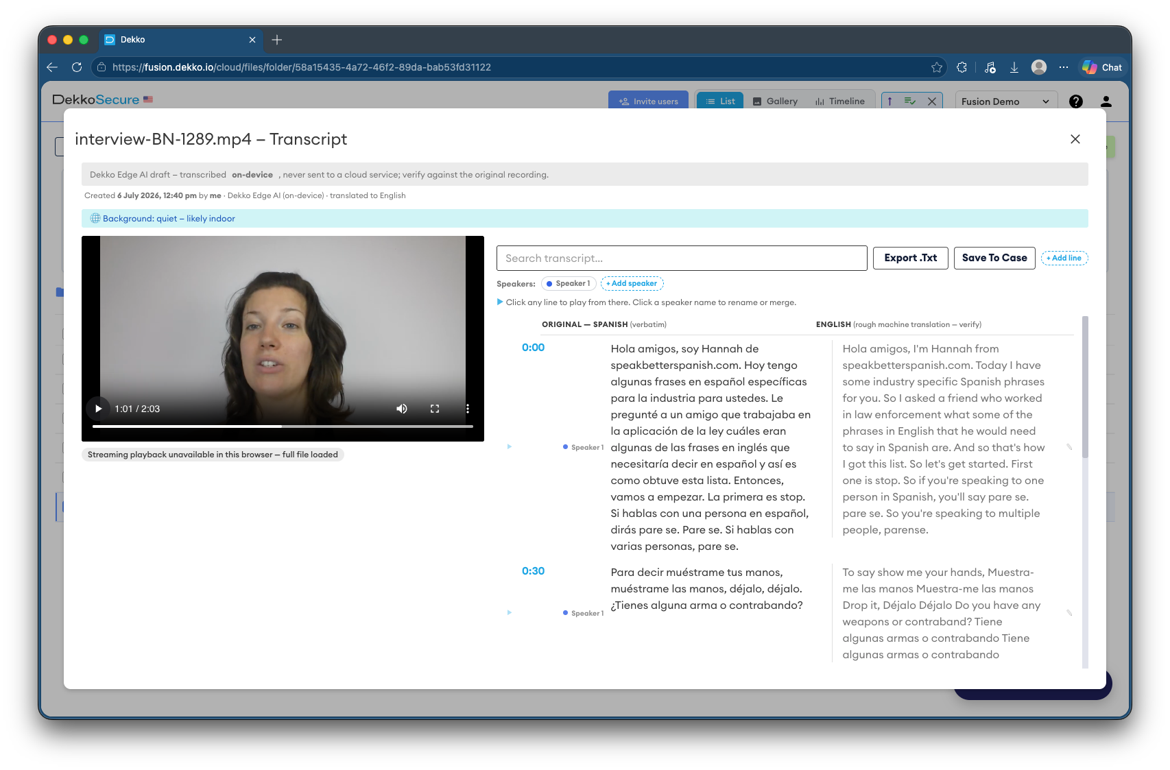 Transcript view for interview-BN-1289.mp4 showing Spanish original and rough English translation side by side, with timestamps and a Speaker 1 label.