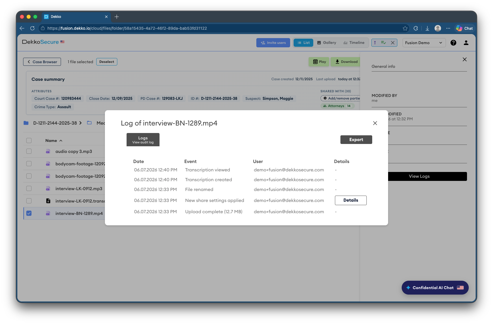 Audit log dialog for interview-BN-1289.mp4 listing transcription viewed, created, file renamed, share settings applied, and upload events with timestamps and user.