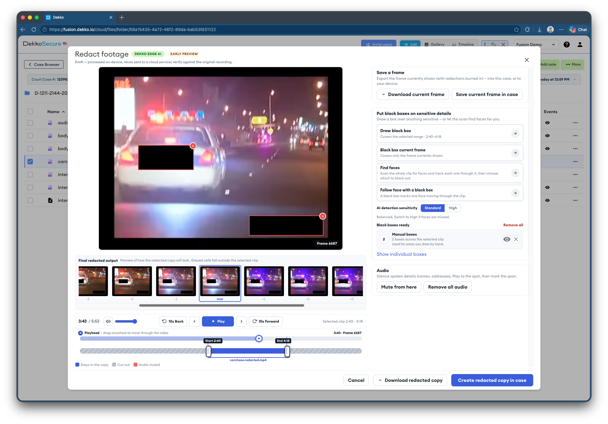 Redact footage dialog in DekkoSecure showing a police car's flashing lights with two manually drawn black boxes, a "Draw black box" option, and "Create redacted copy in case" button.