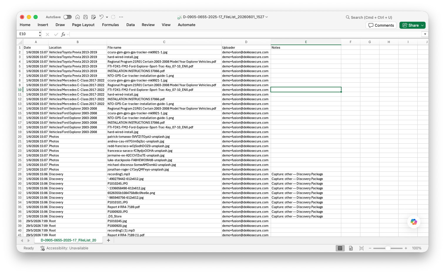 Spreadsheet export listing case files with columns Date, Location, File name, Uploader and Notes, grouped by folder.