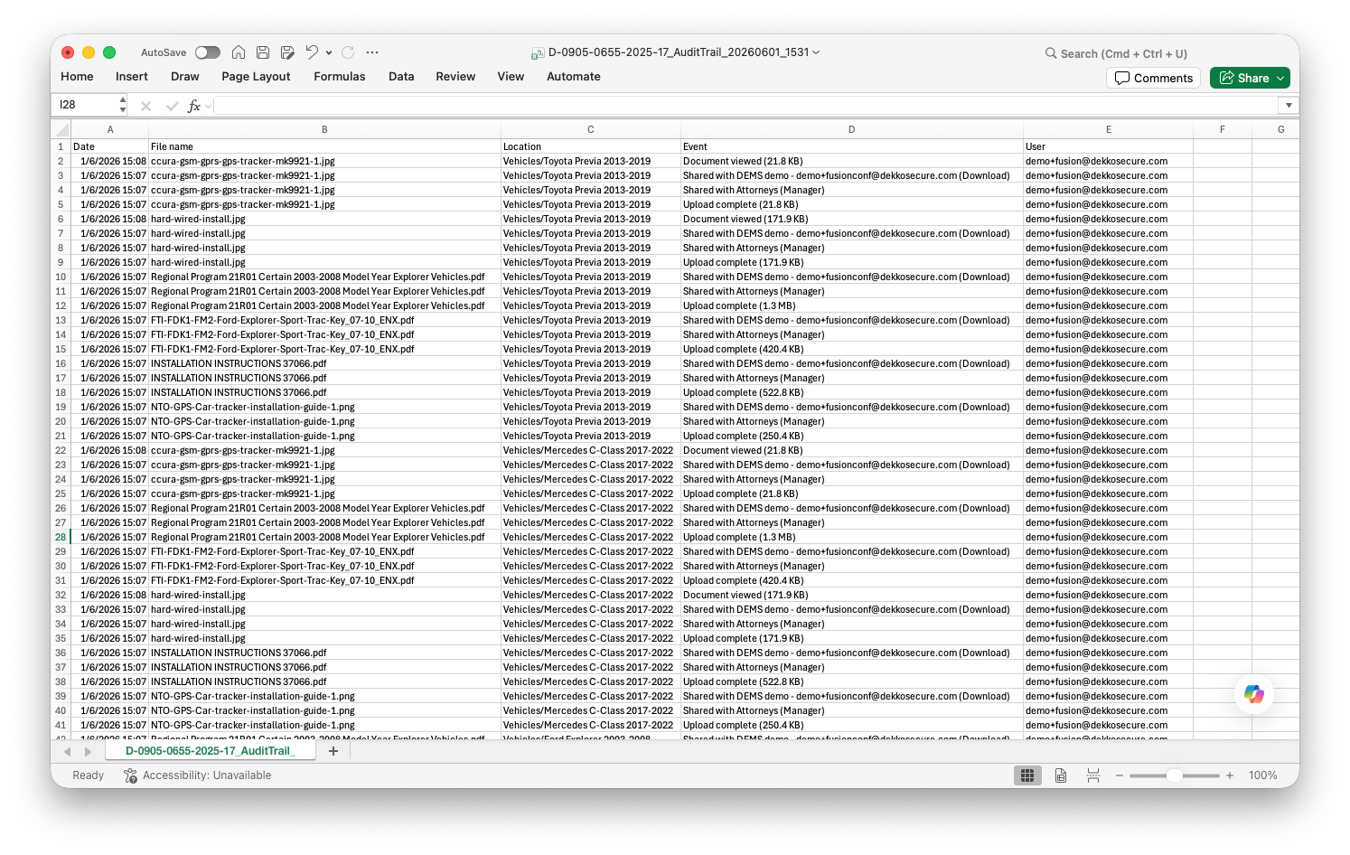 Excel spreadsheet showing a case audit trail CSV export, with columns for Date, File name, Location, Event and User, and events such as document viewed, shared and upload complete.