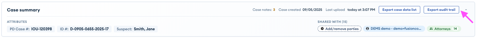 Case summary bar with a pink arrow pointing to the "Export audit trail" button,
