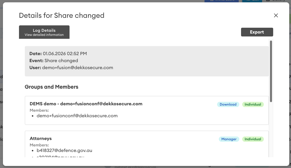 Dialog titled "Details for Share changed" showing a log entry dated 01.06.2026 with user, plus Groups and Members tags for Download, Manager and Individual access, and Export button.