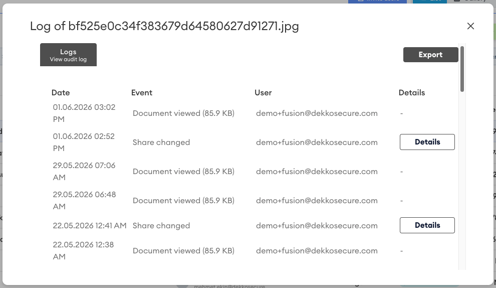 Log dialog for a file showing audit entries with Date, Event, User and Details columns, plus Logs and Export buttons.