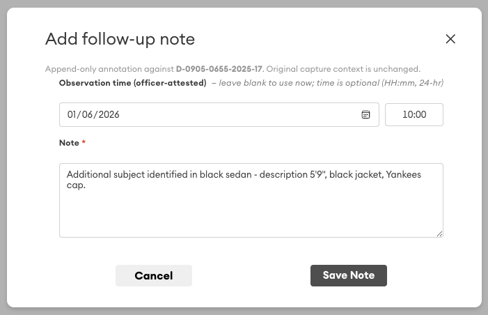 Dialog titled "Add follow-up note" showing an observation date and time fields (optional) and a Note text box, with Cancel and Save Note buttons.
