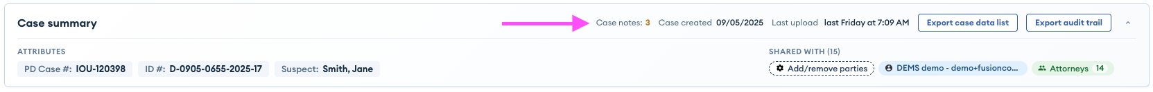 Case summary bar with an arrow pointing to the "Case notes: 3" counter, next to Case created, Last upload, and Export buttons.