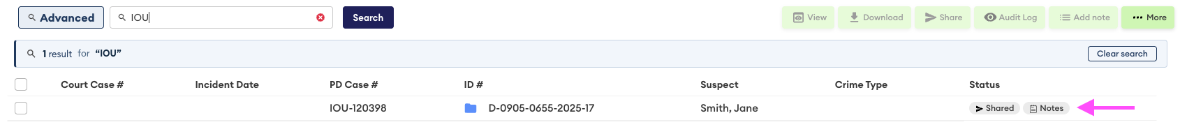 Search results for "IOU" showing one case, with the Status column's "Notes" tag highlighted by a pink arrow.