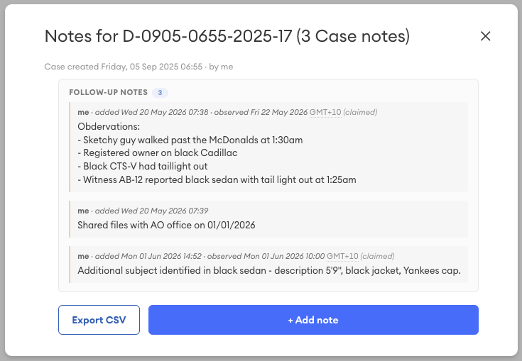 Dialog titled "Notes for D-0905-0655-2025-17 (3 Case notes)" listing three follow-up notes, with Export CSV and + Add note buttons at the bottom.