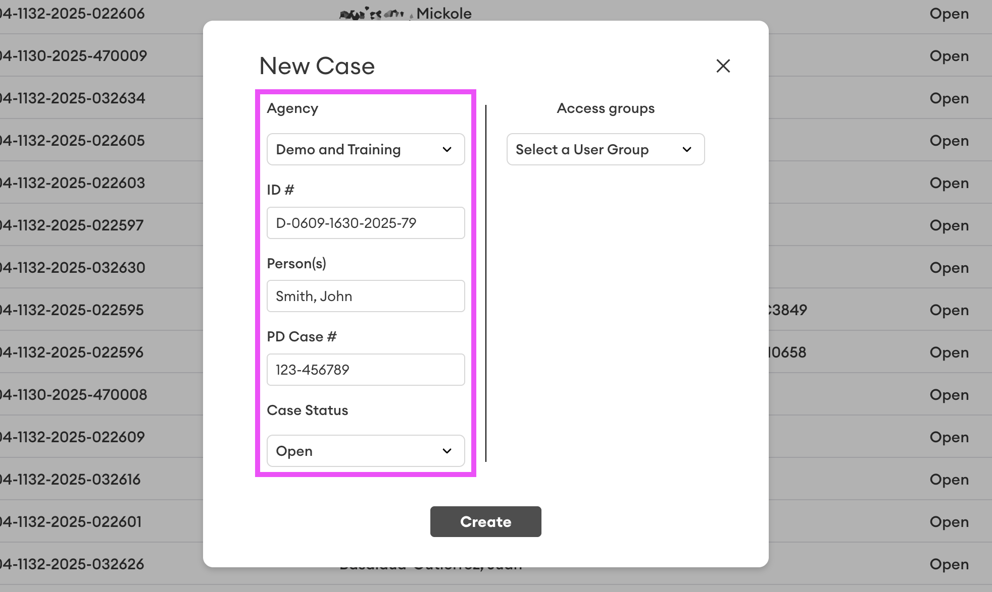 New Case dialog showing the Agency, ID #, Person(s), PD Case #, and Case Status fields (highlighted) with the Access Groups dropdown on the right.