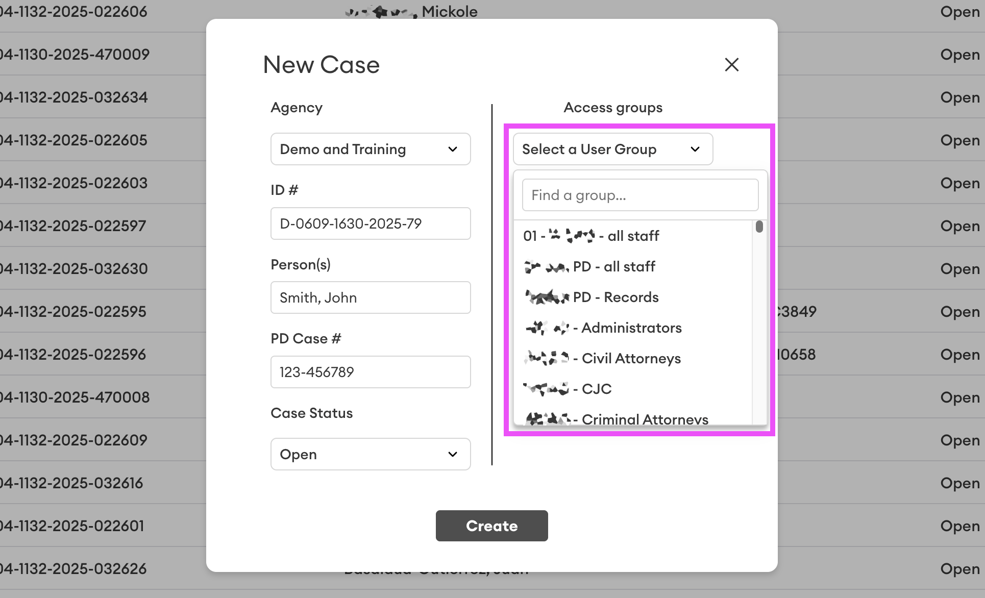 New Case dialog with the Access Groups dropdown open, listing user groups such as "PD - all staff", "PD - Records", and "Administrators" for selection.
