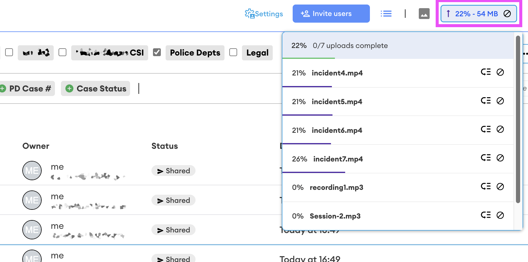 Upload manager panel listing 22% overall progress (0 of 7 uploads complete), with incident4.mp4 through incident7.mp4 in progress and two audio files queued at 0%.