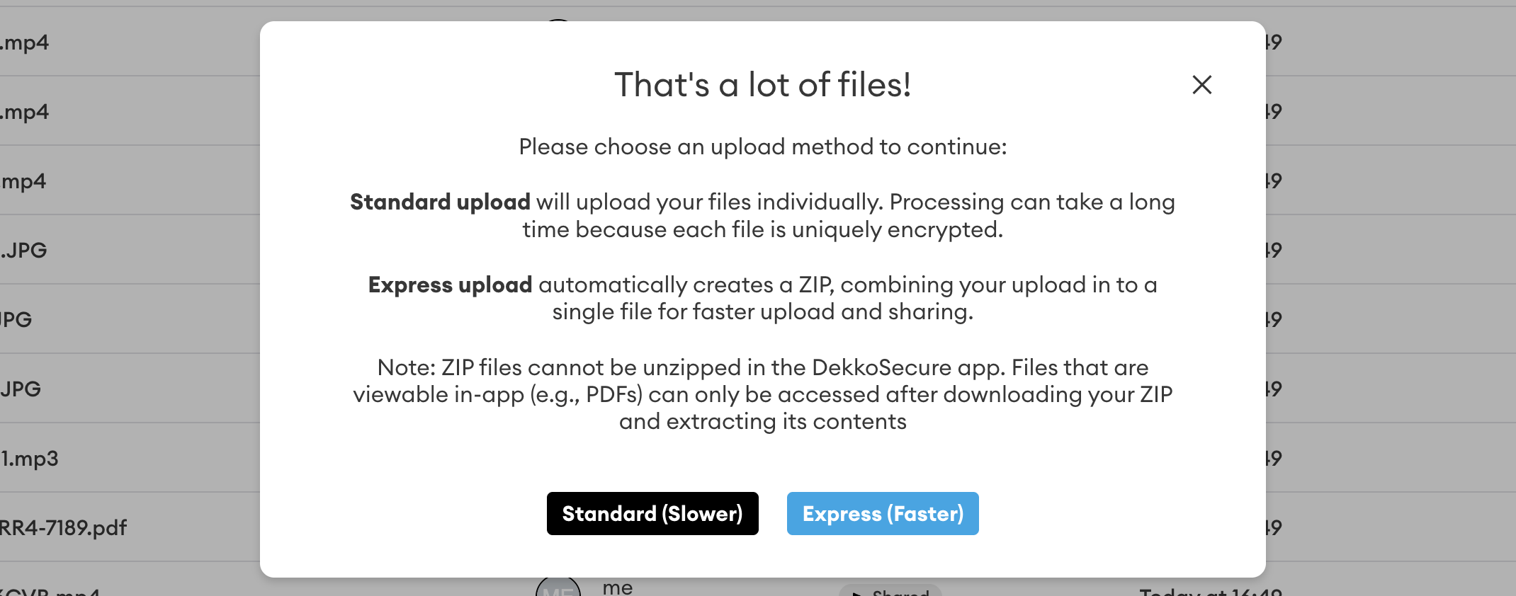 Dialog titled "That's a lot of files!" asking users to choose Standard (Slower) or Express (Faster) upload, shown over a file list.