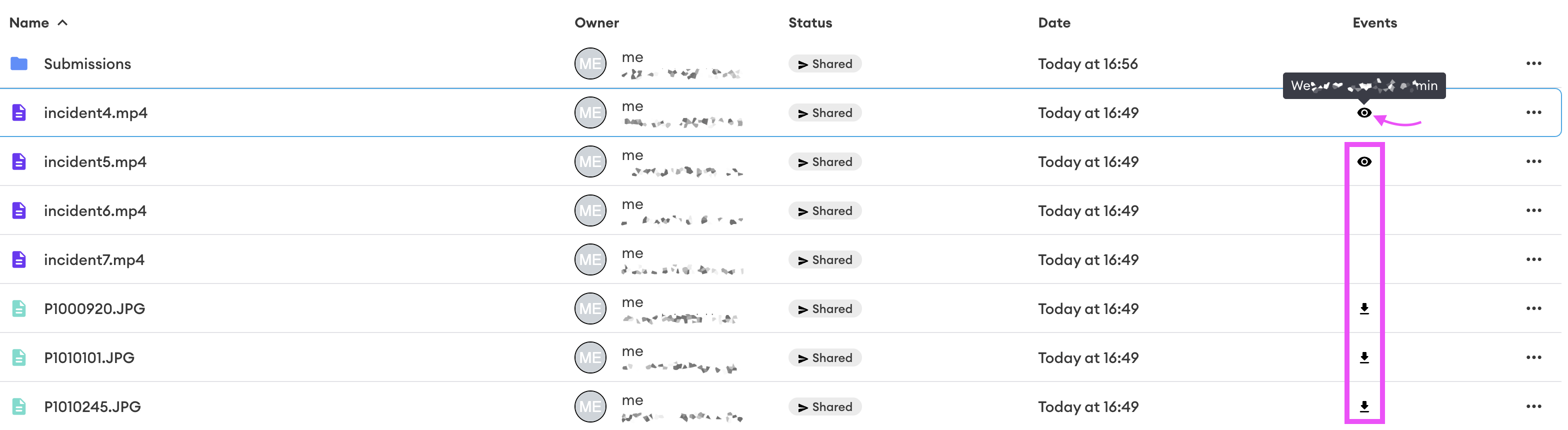 Case folder file list showing the Events column: a view (eye) icon for incident4.mp4 with a tooltip listing the accessing user, and download icons for the JPG files.