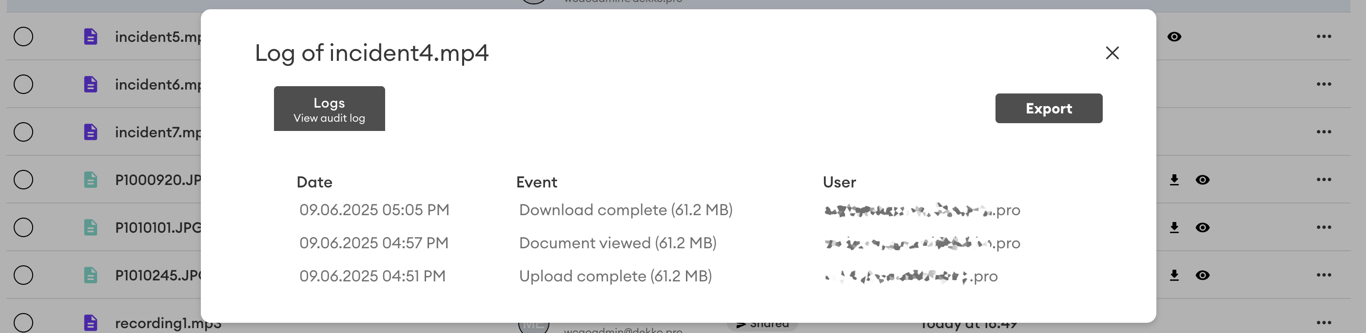Audit log dialog for incident4.mp4 listing three events (upload, view, download) with date, event, and user columns, plus Logs and Export buttons.