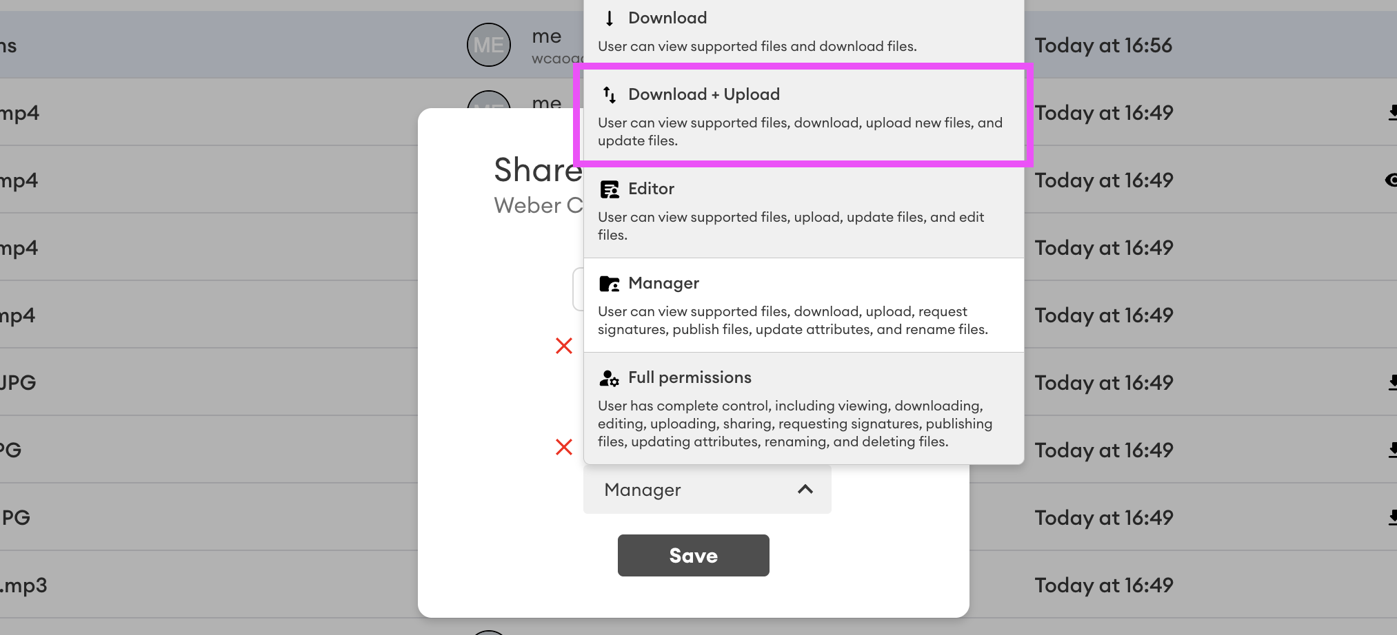 Permission dropdown in the Share dialog showing the "Download + Upload" option highlighted, with its description and the default "Manager" setting visible.