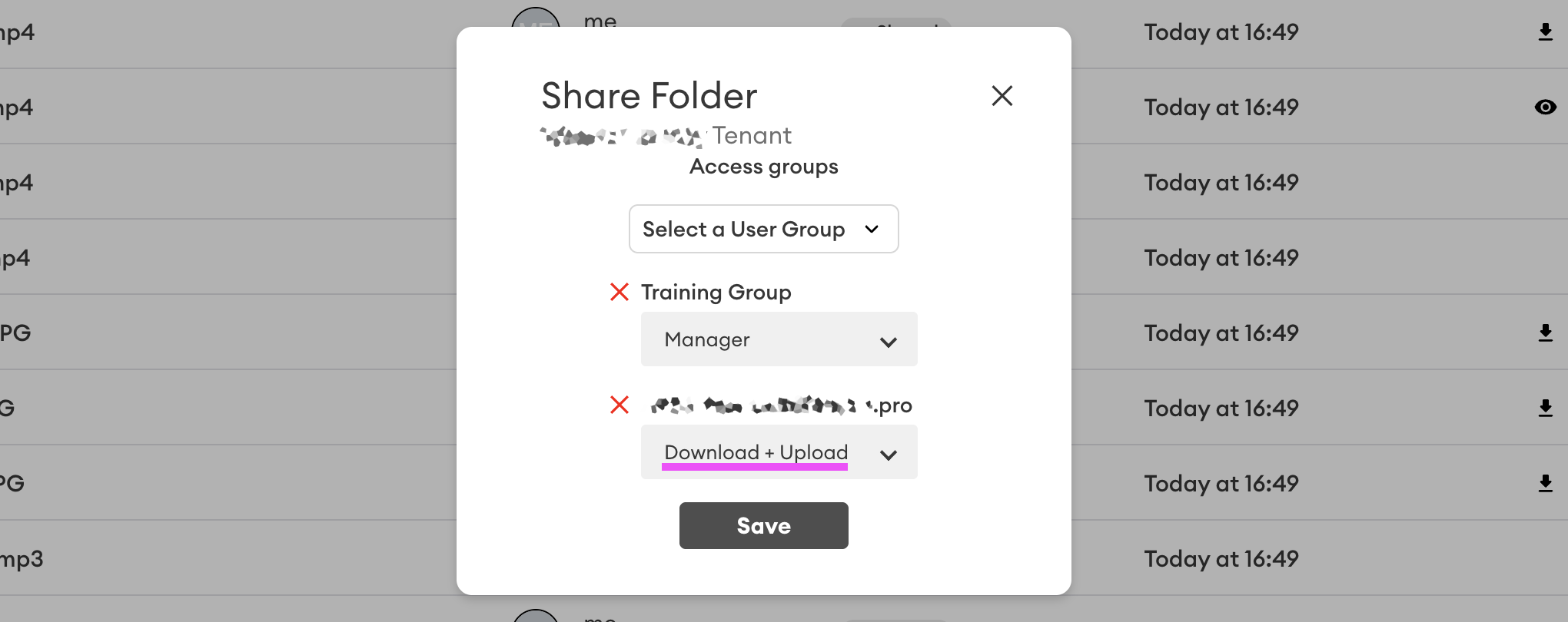 Share Folder dialog listing a Training Group set to Manager and a redacted user set to Download + Upload, with Save button below.