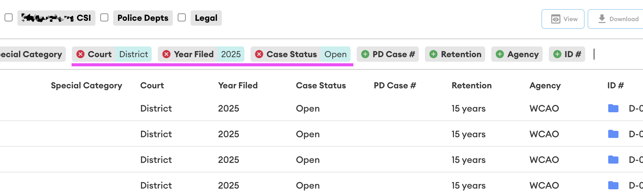 Filter bar showing active filters Court: District, Year Filed: 2025 and Case Status: Open, with the matching case table below.