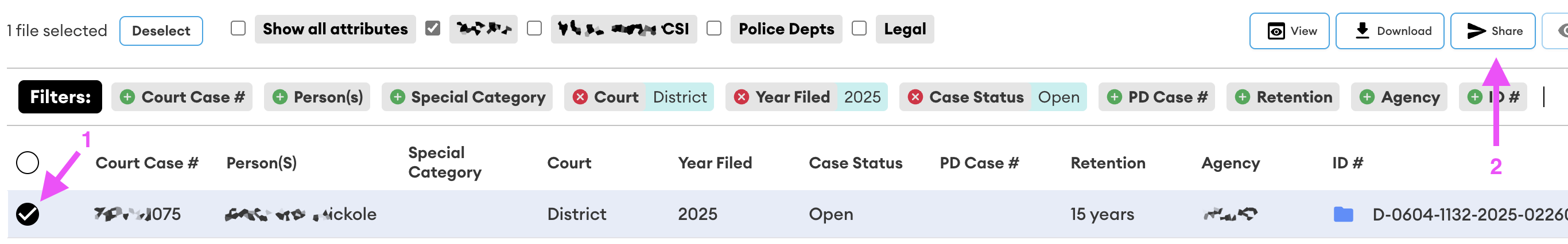 Case list toolbar with one file selected and filters applied; arrow 1 points to the selected row checkbox, arrow 2 to the Share button.