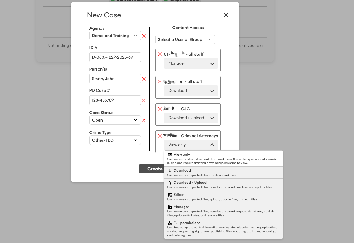 New Case dialog showing fields for agency, ID, person, PD case number, status and crime type, plus Content Access groups with permission levels like Manager, Download and View only.