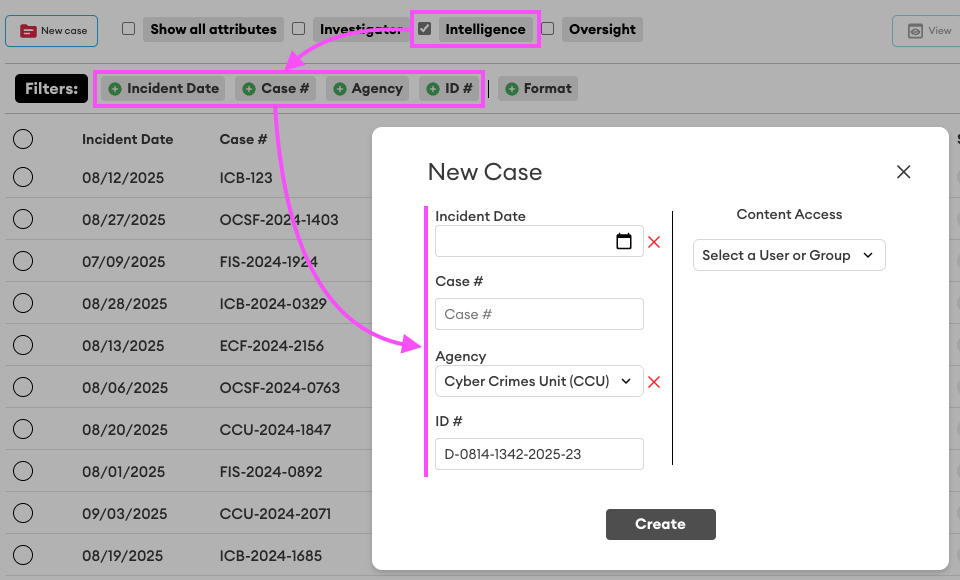 Case list filter bar with the Intelligence view selected, and the New Case form showing Incident Date, Case #, Agency, and ID # fields.
