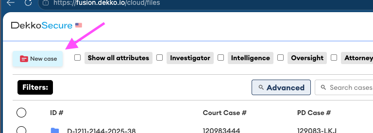 Cases page in DekkoSecure with the New case button highlighted in light blue and a pink arrow pointing to it, beside attribute filter checkboxes.