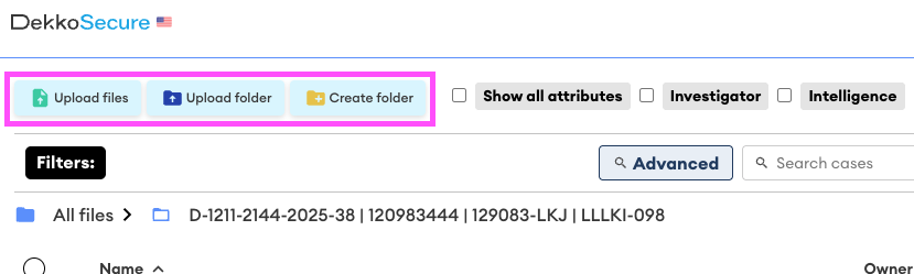 Three content creation buttons outlined in pink at top-left: "Upload files", "Upload folder" and "Create folder", above the "All files" breadcrumb.