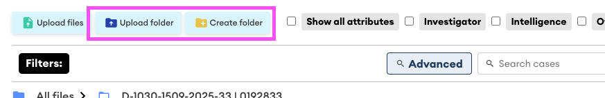 Toolbar with "Upload files," "Upload folder," and "Create folder" buttons, with "Upload folder" and "Create folder" highlighted in pink.