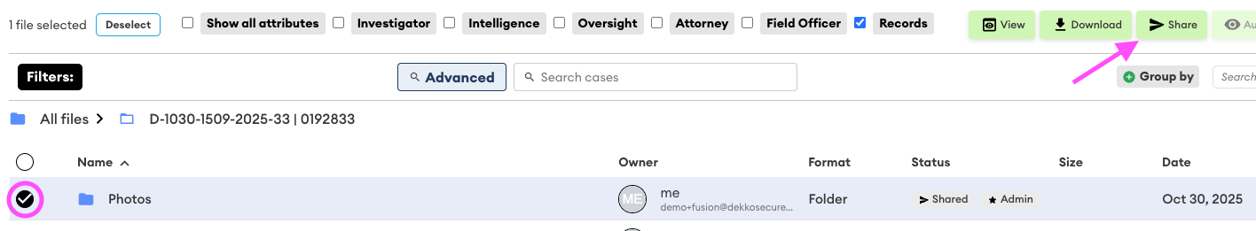 Case files screen with one folder "Photos" selected, the Share button highlighted in the top toolbar.