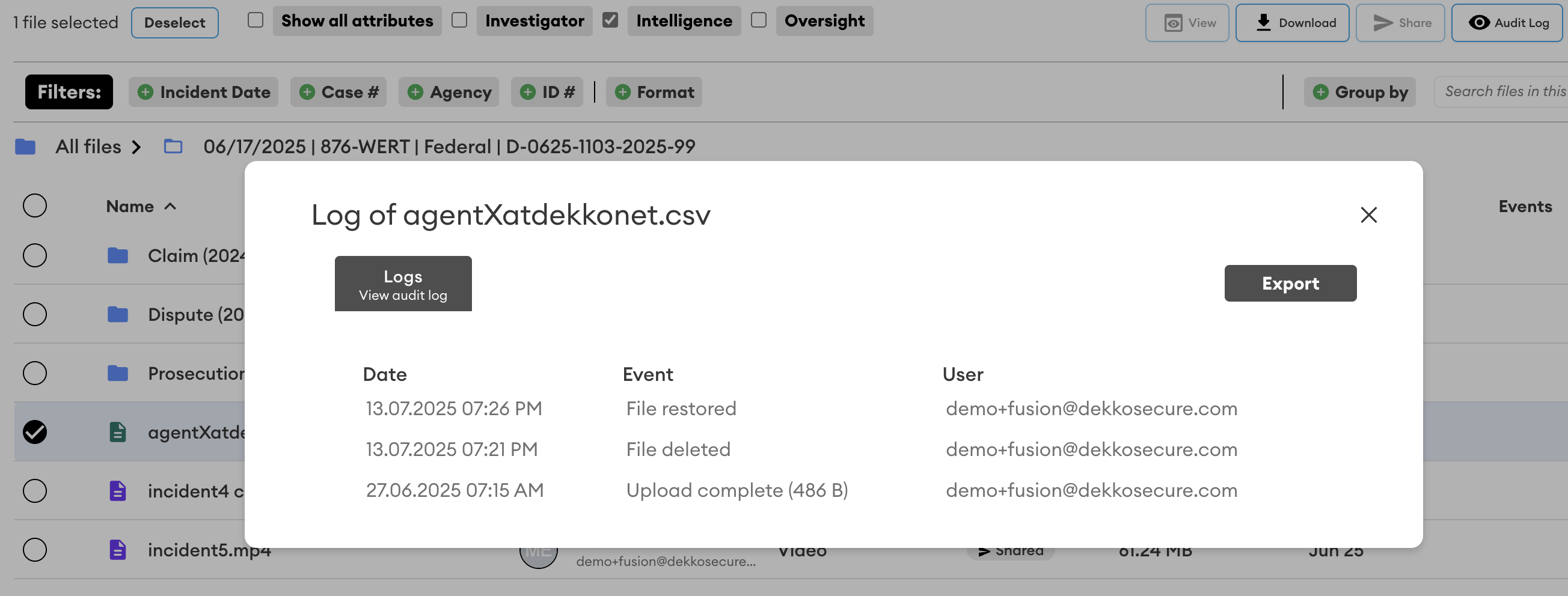 Audit log dialog for agentXatdekkonet.csv showing a File restored event, a File deleted event and an Upload complete event, each with date and user.