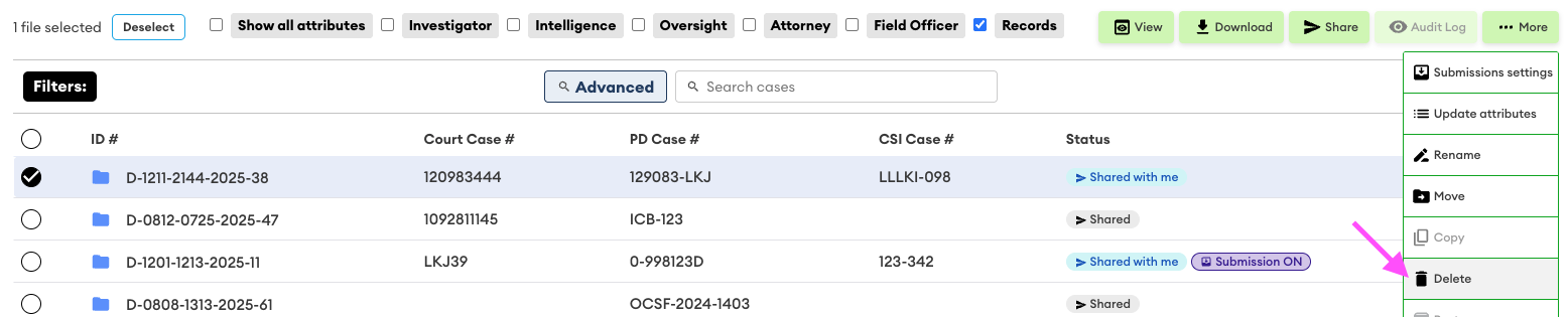 Case list with one case selected; the ⋯ More menu is open, showing the Delete option highlighted by a pink arrow.